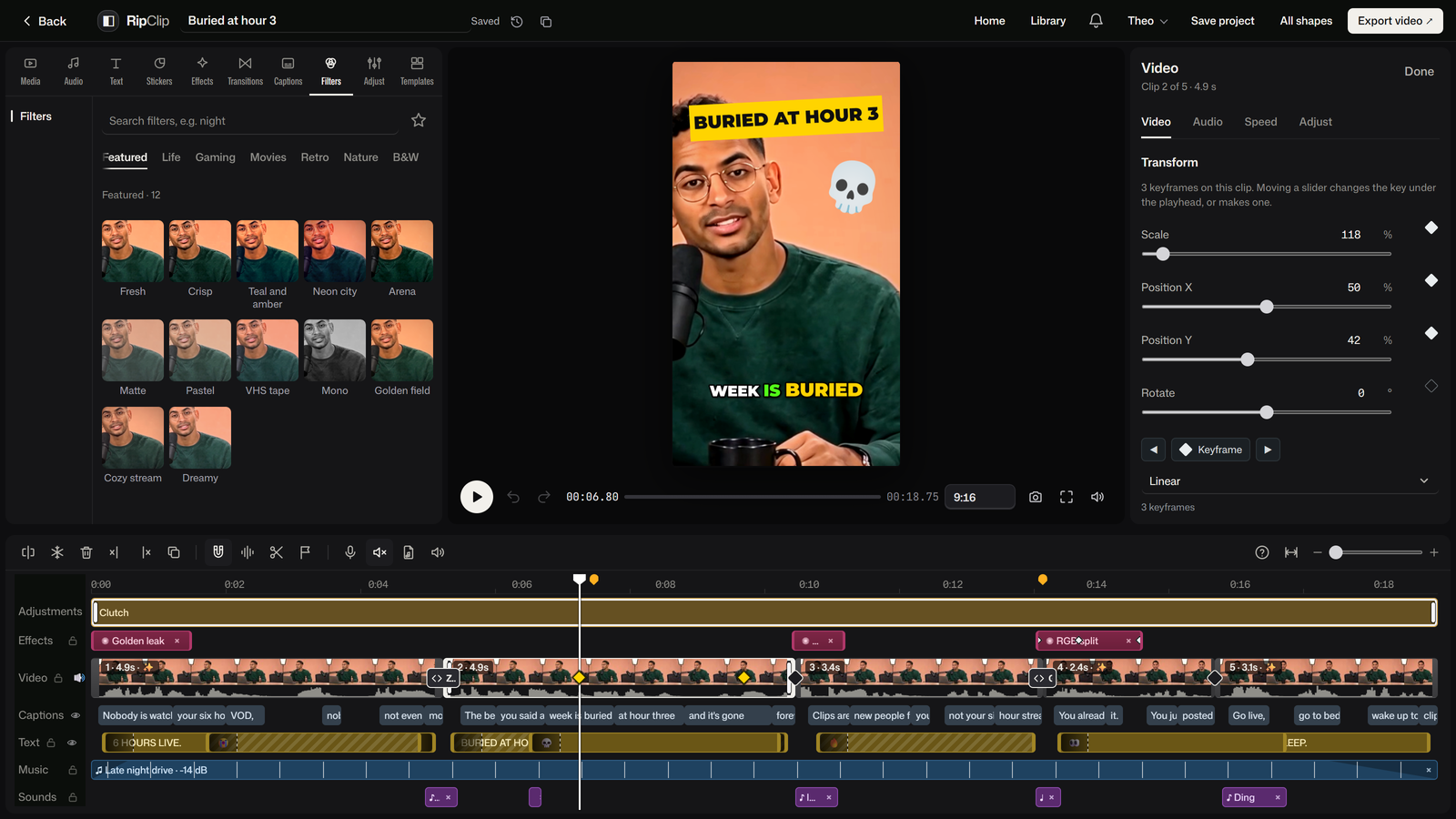 The RipClip editor: Theo's clip cut into five shots with transitions, word-by-word captions with the keywords in yellow, a title and a sticker in the preview, effects, a filter, music and sound effects on the timeline, and the selected clip's keyframes on the right